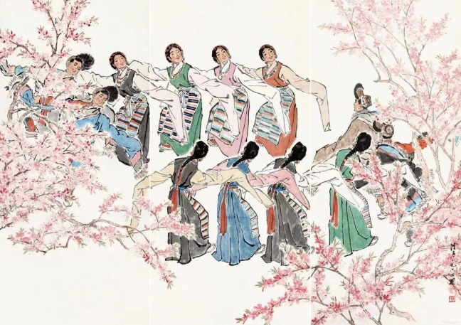 葉淺予高原之春紙本設(shè)色211cm×98cm、211cm×105cm、211cm×98cm1964年